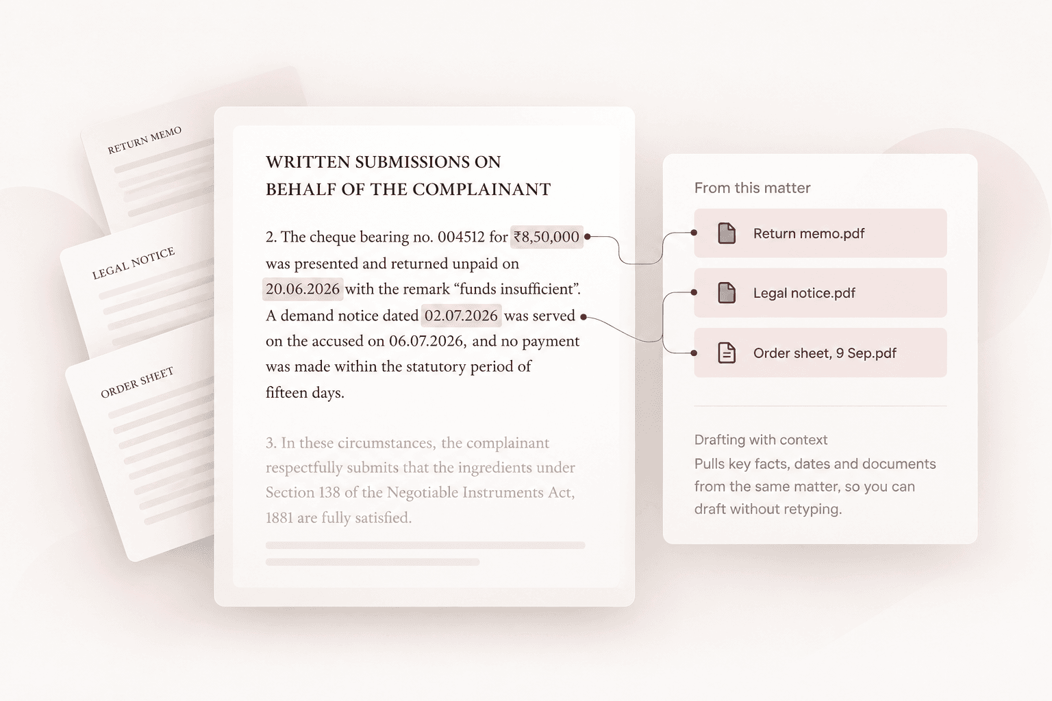 Draft pulling facts and documents from the matter