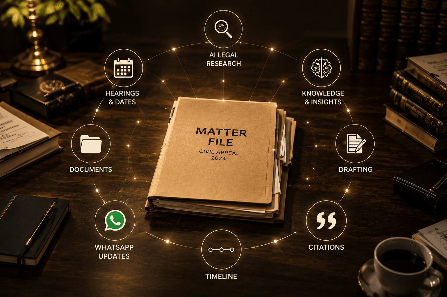 Research, drafting, hearings, documents, citations, timelines, and communication become part of one connected legal matter.