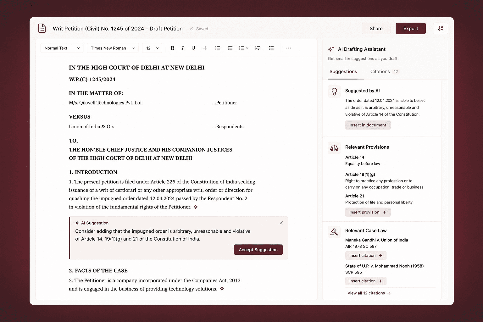Draft legal documents with AI that understands the matter, recommends authorities, and keeps legal reasoning connected throughout the drafting process.
