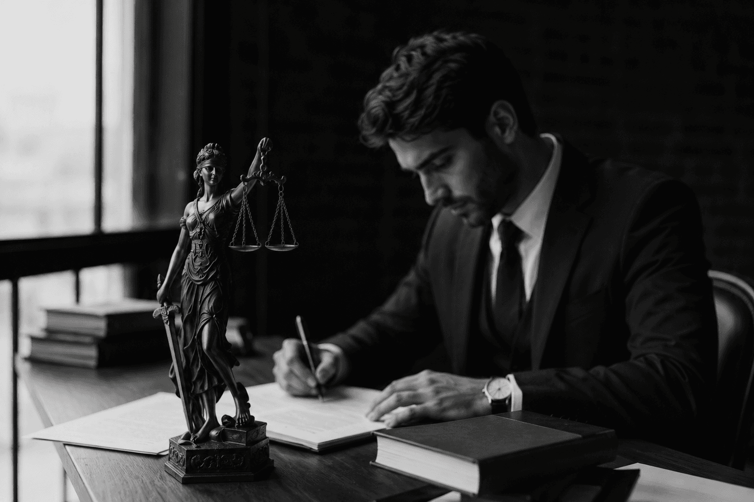 Legal professional writing beside a justice statue